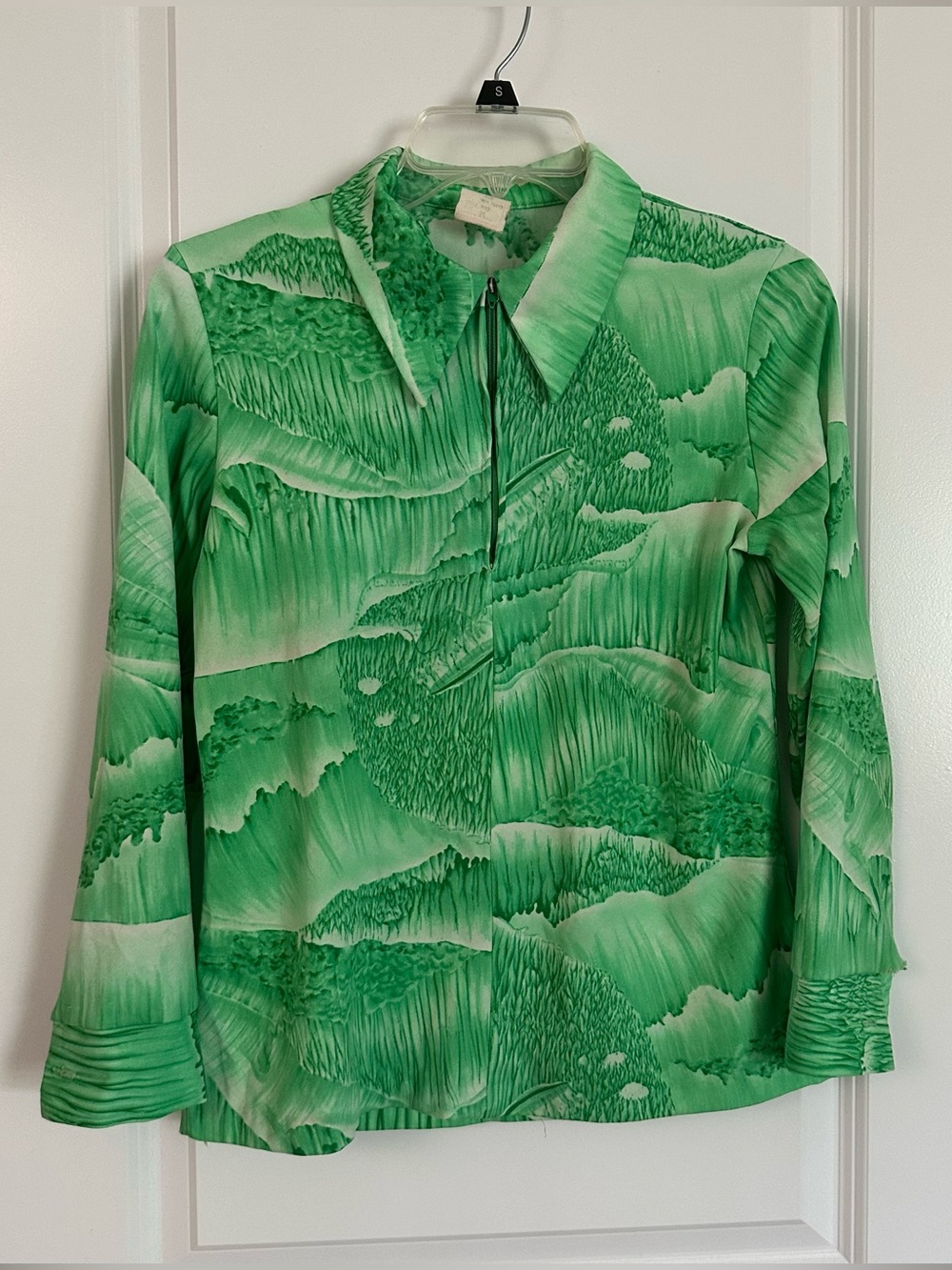 Vintage Green Psychedelic Print Zip Neck Collared Blouse